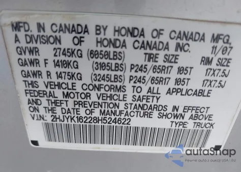 2008 Honda Ridgeline Rt from USA, damaged, VIN 2HJYK16228H524622
